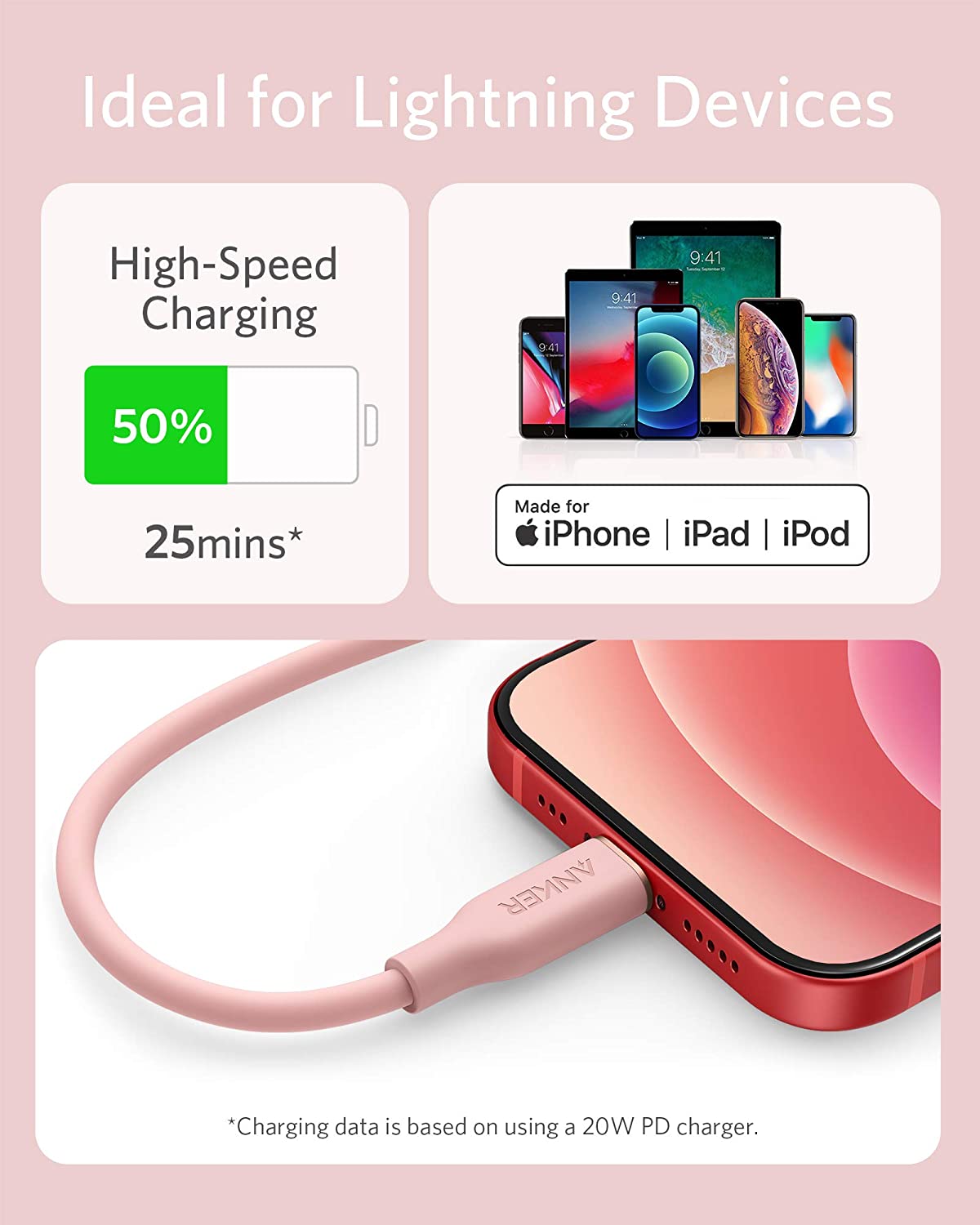 Anker <b>641</b> USB-C to Lightning Cable (Flow, 3 ft Silicone)