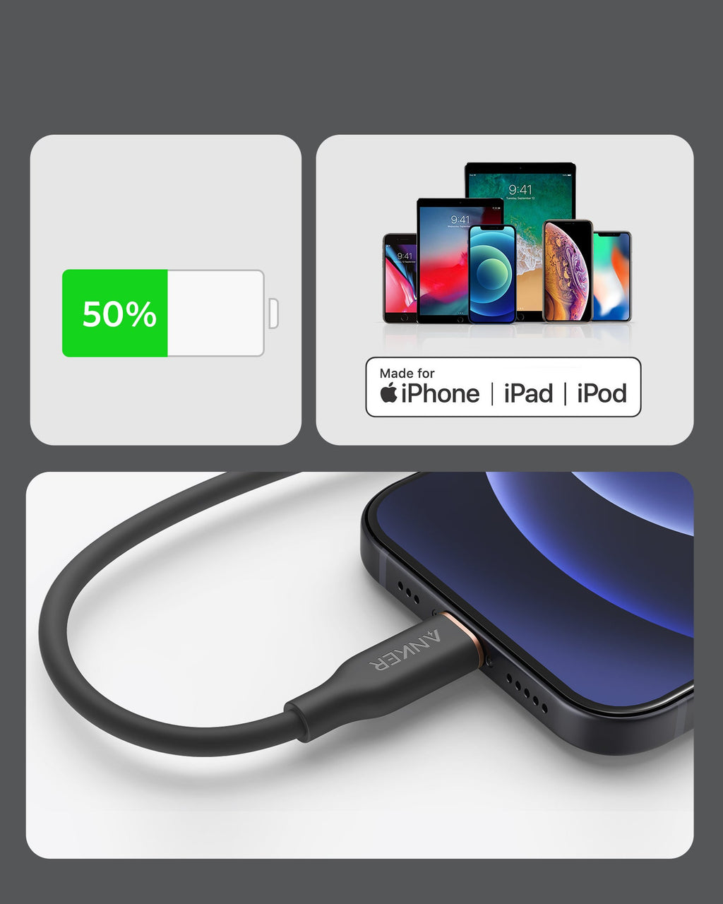 Anker <b>641</b> USB-C to Lightning Cable (Flow, 3 ft Silicone)